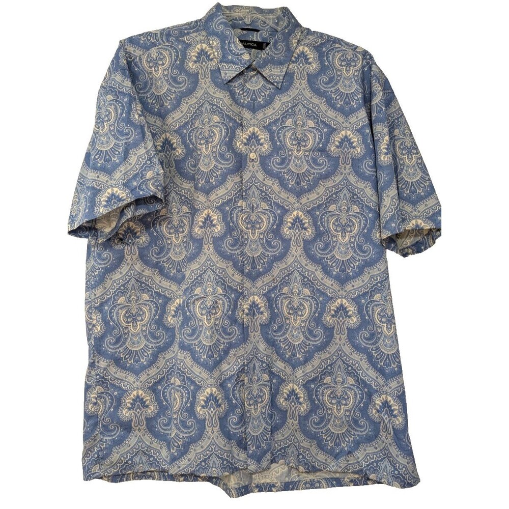 Nautica S Sleeve Button Down Shirt Men's XL 100% Cotton Blue Floral Vtg - Flaw